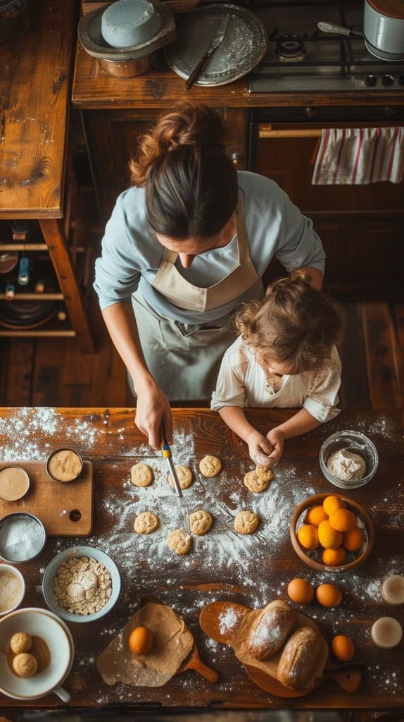Woman and child baking together at a wooden table with flour, dough, and fresh bread