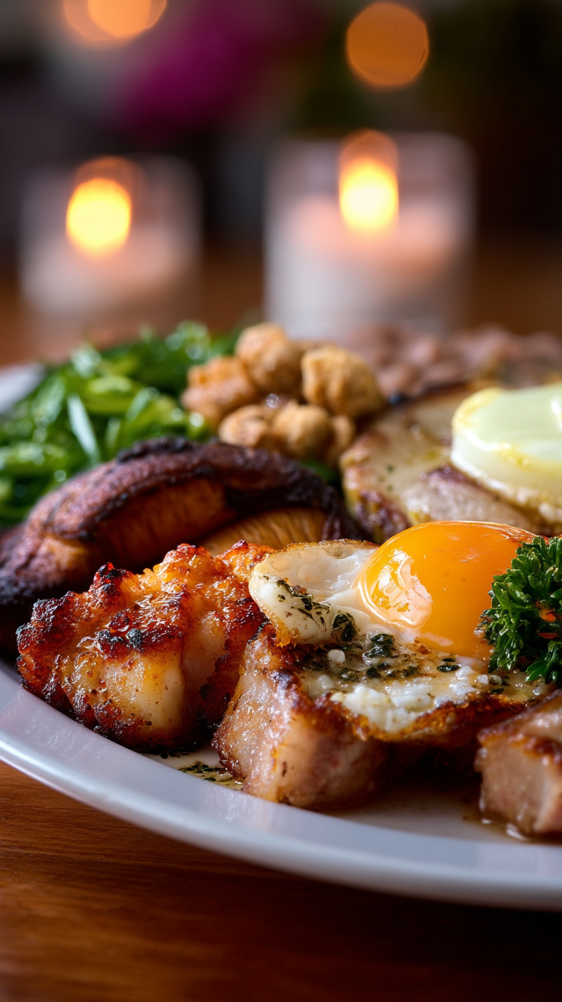 Brazilian gourmet dish with egg and grilled meats