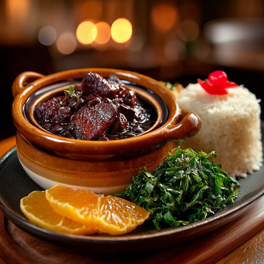 Traditional feijoada with rice and collard greens